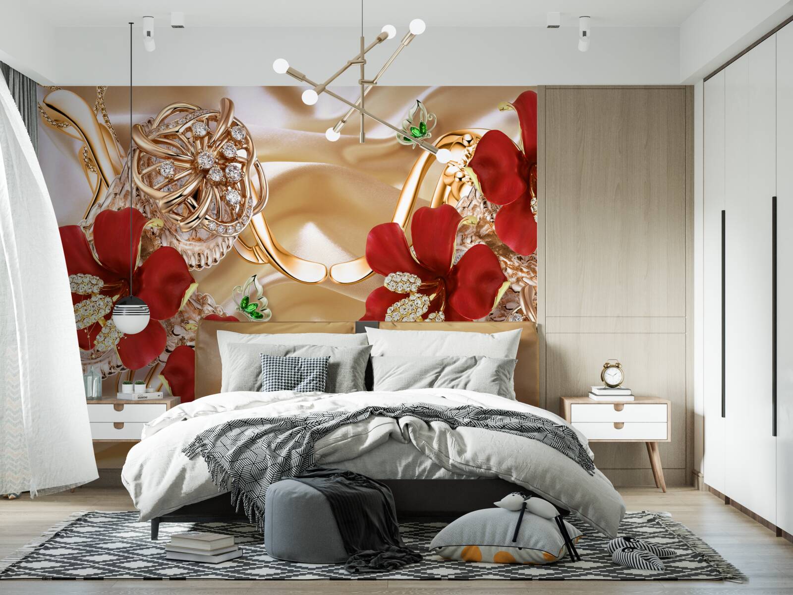 Fototapeta czerwone pąki ozdobione elementami dekoracyjnymi na złotym jedwabiu