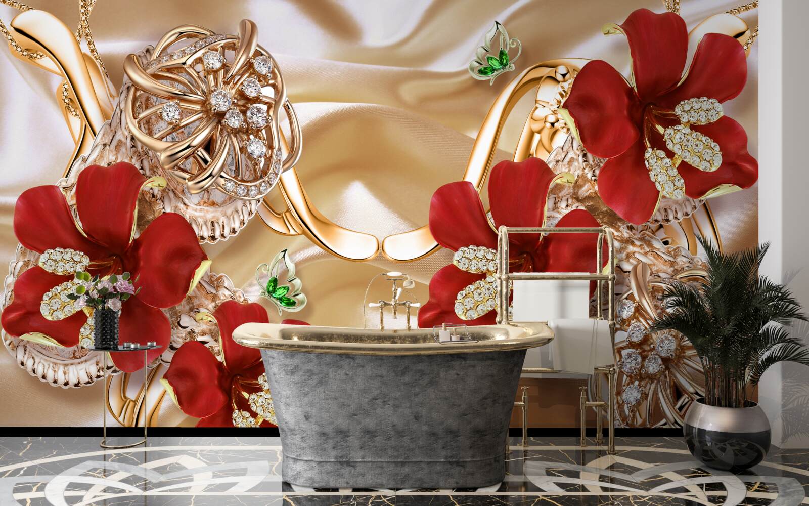 Fototapeta czerwone pąki ozdobione elementami dekoracyjnymi na złotym jedwabiu