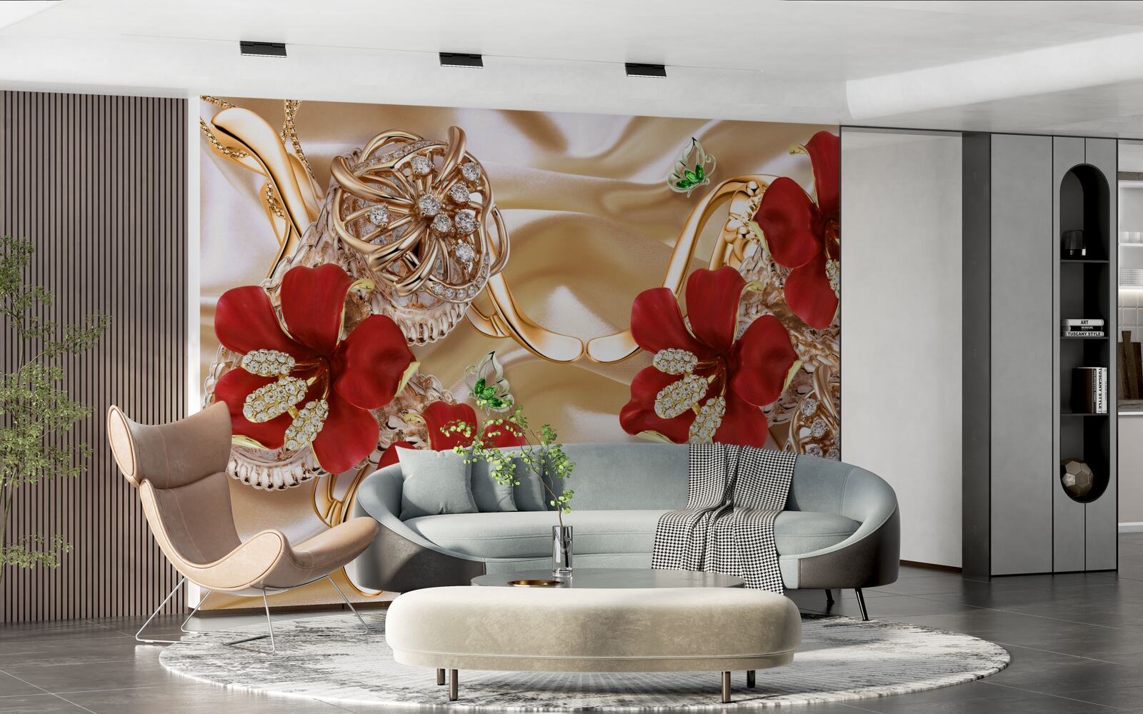 Fototapeta czerwone pąki ozdobione elementami dekoracyjnymi na złotym jedwabiu