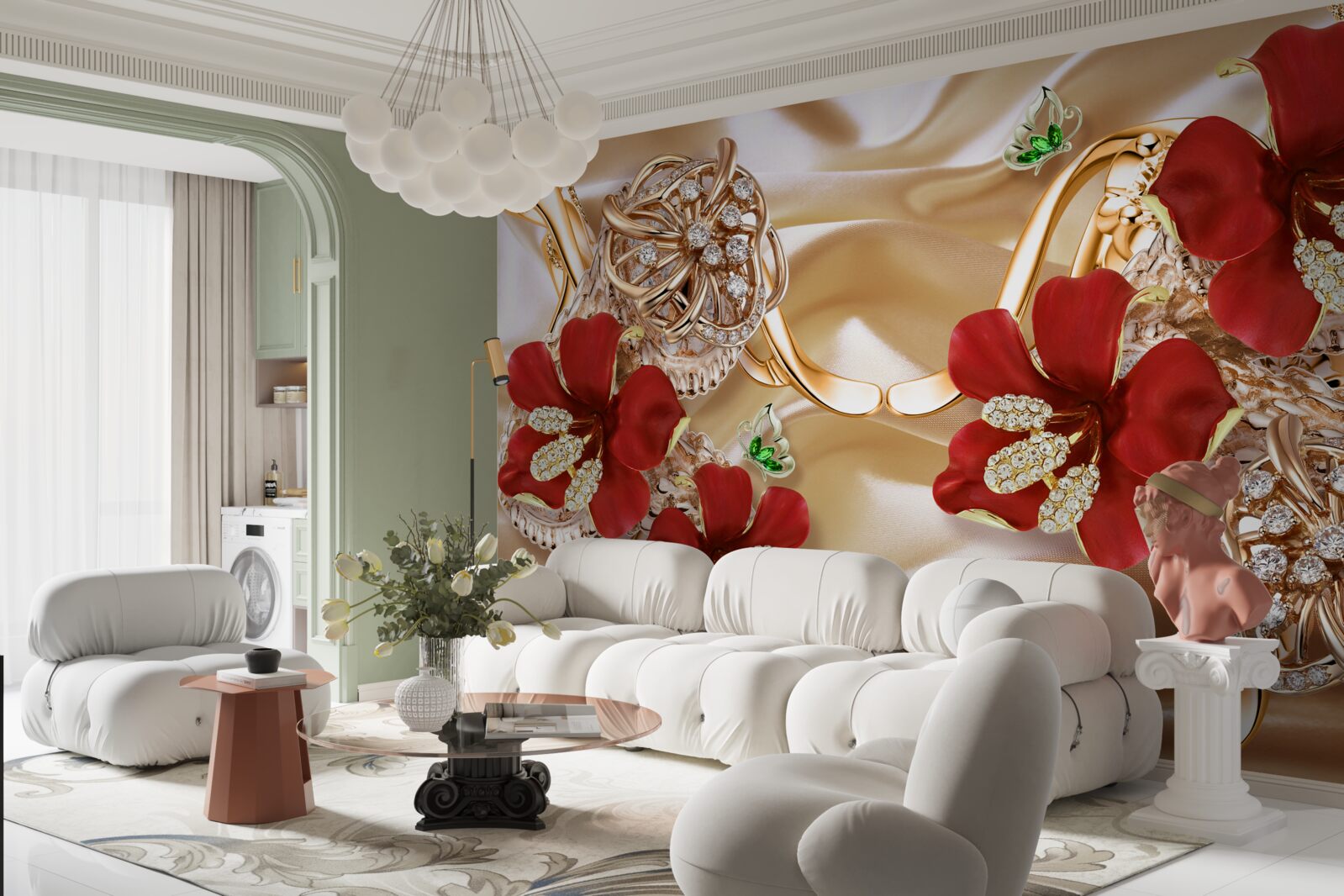 Fototapeta czerwone pąki ozdobione elementami dekoracyjnymi na złotym jedwabiu