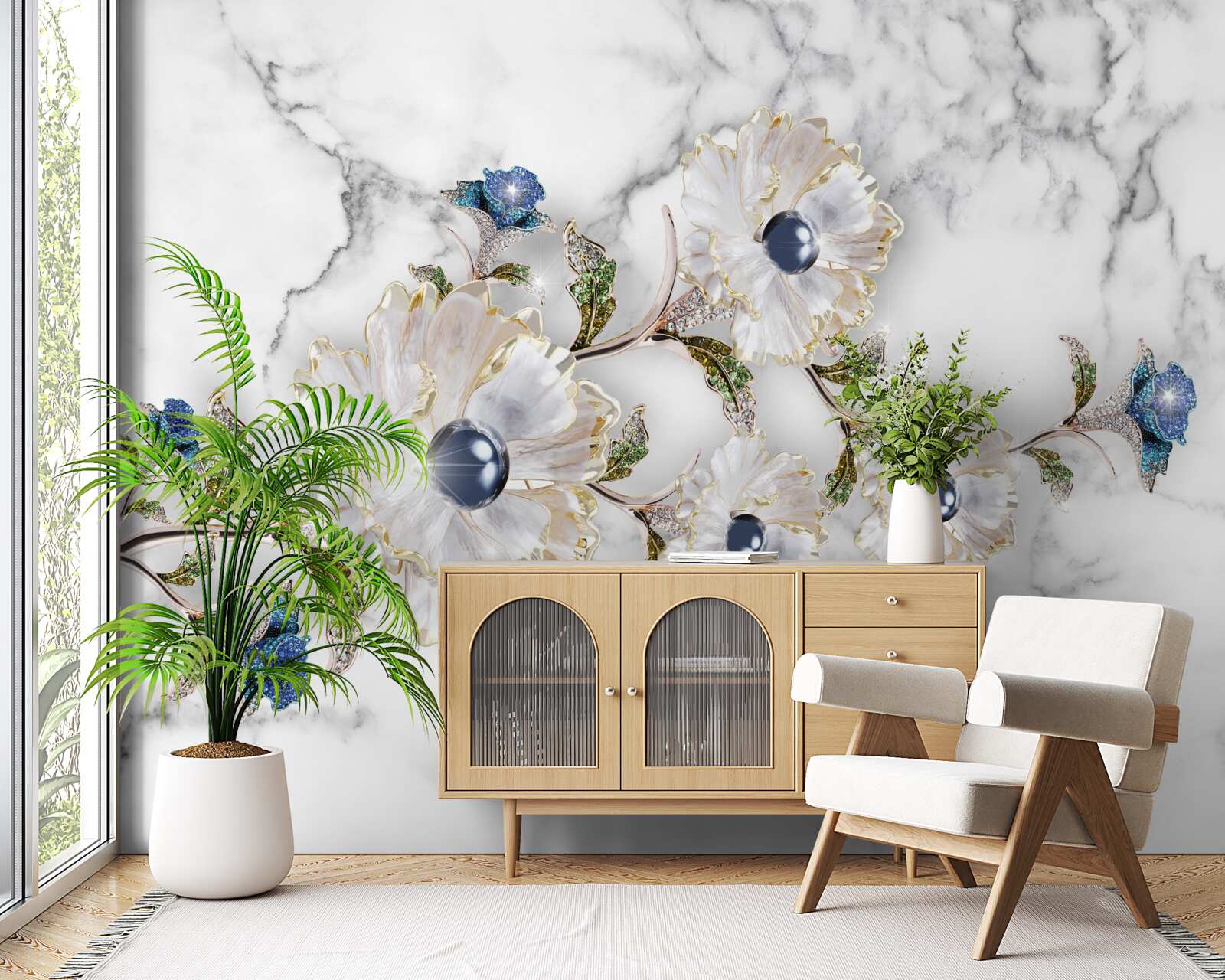 Fototapeta marmur ozdobiony jest białymi kwiatami z perłami