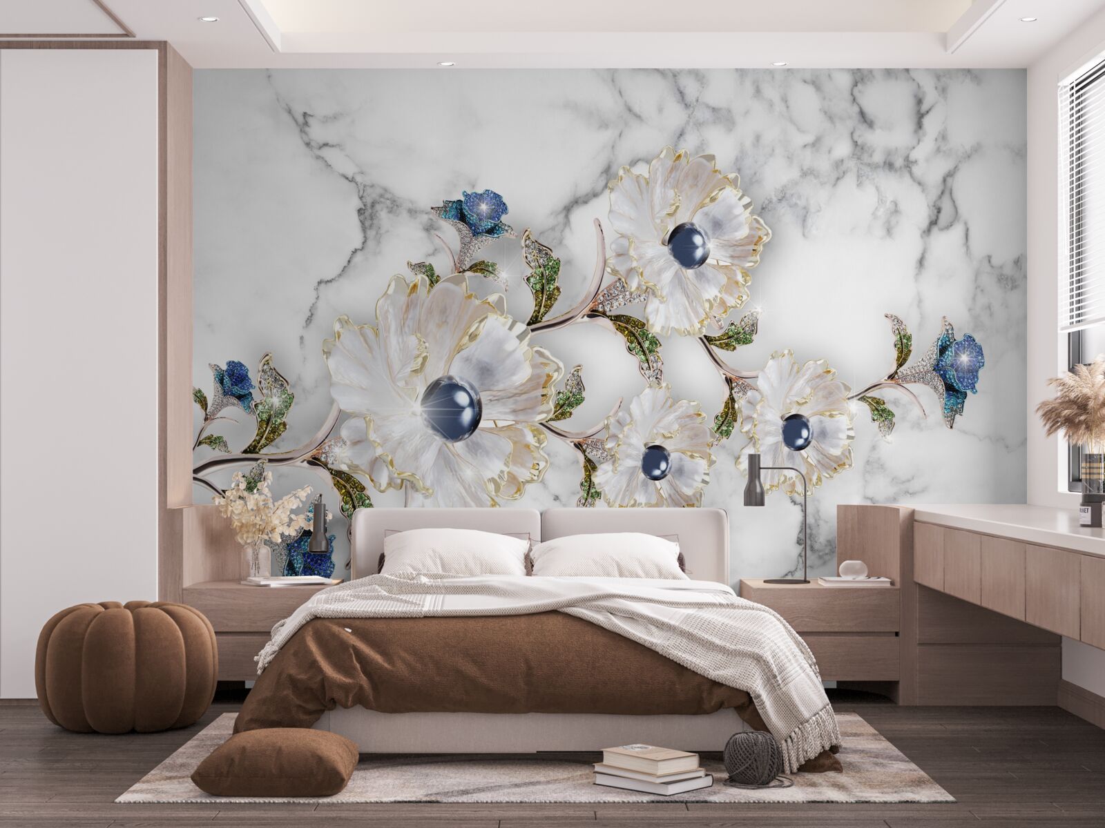 Fototapeta marmur ozdobiony jest białymi kwiatami z perłami