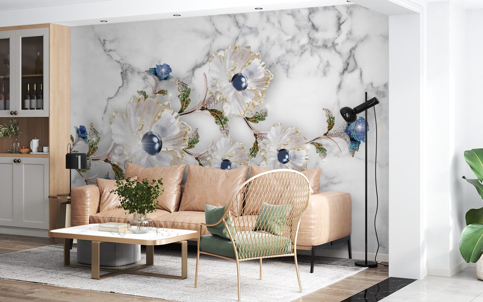 Fototapeta marmur ozdobiony jest białymi kwiatami z perłami