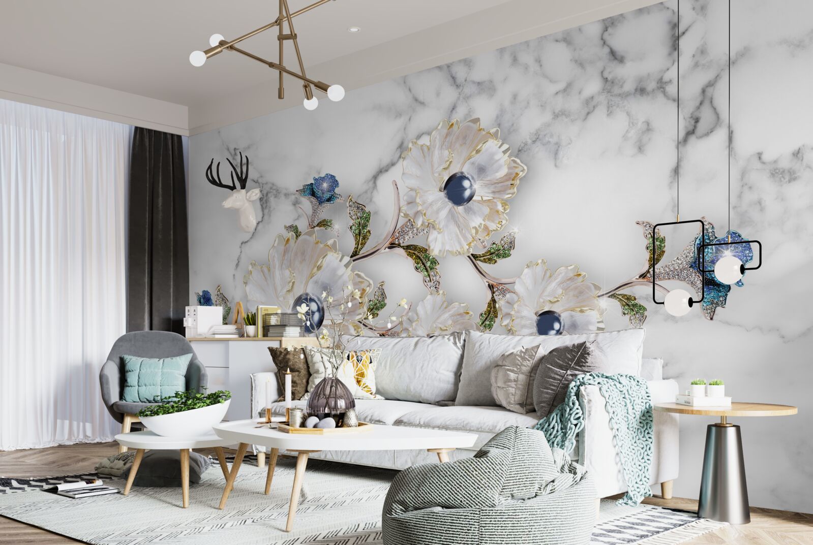 Fototapeta marmur ozdobiony jest białymi kwiatami z perłami