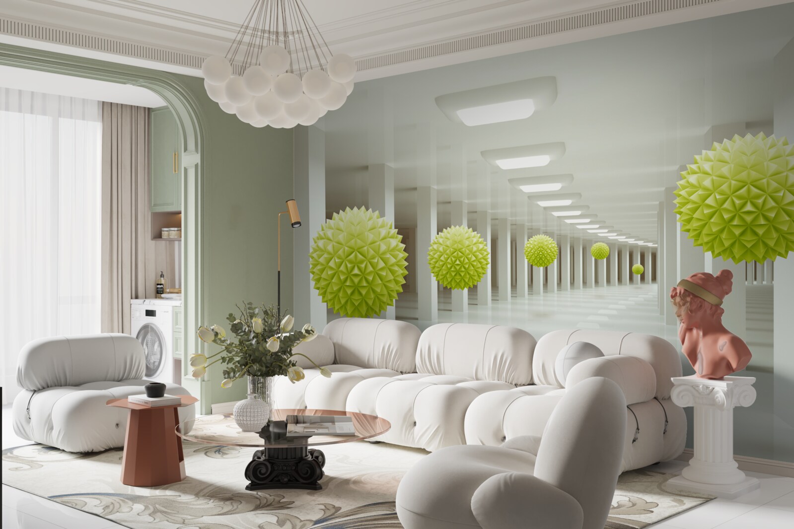 Fototapeta tunel w perspektywie otoczony żółtymi kulkami