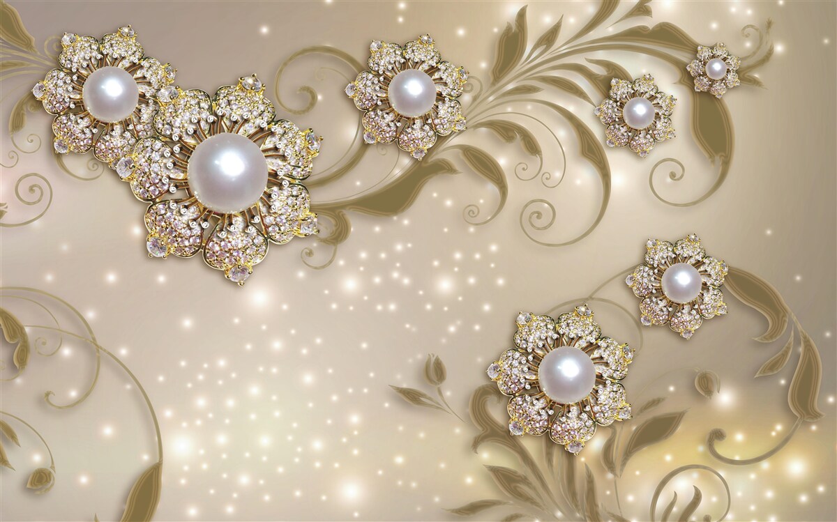 Fototapeta biżuteria z kwiatów i pereł, wykonana w tonacji złota
