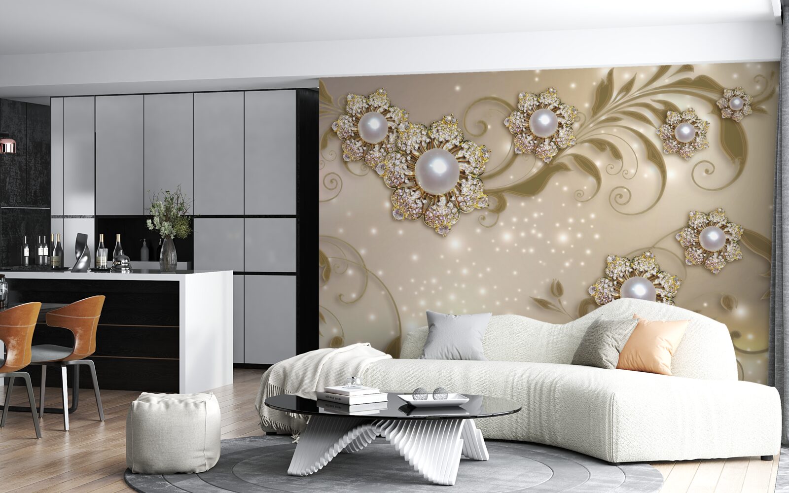 Fototapeta biżuteria z kwiatów i pereł, wykonana w tonacji złota