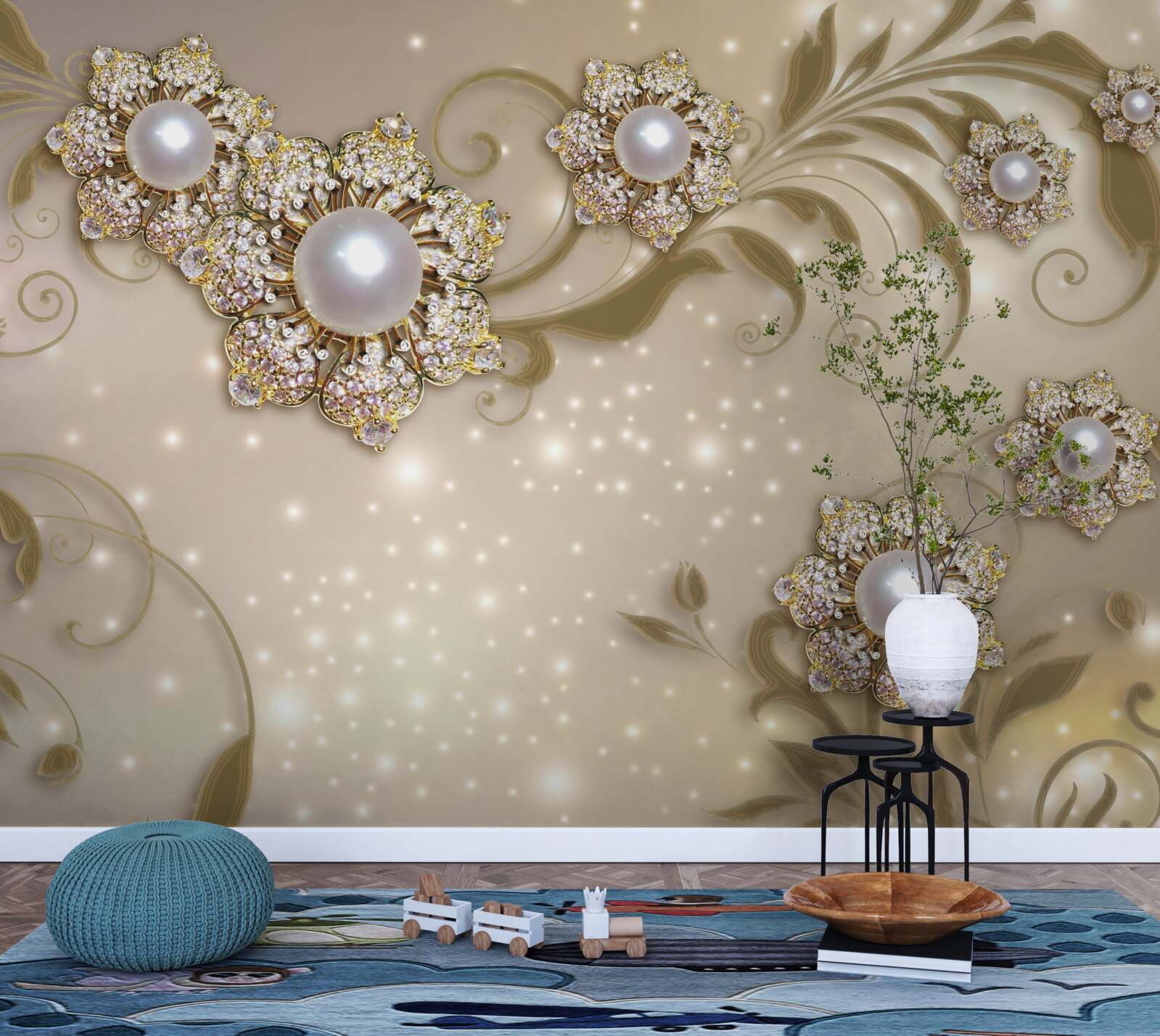 Fototapeta biżuteria z kwiatów i pereł, wykonana w tonacji złota