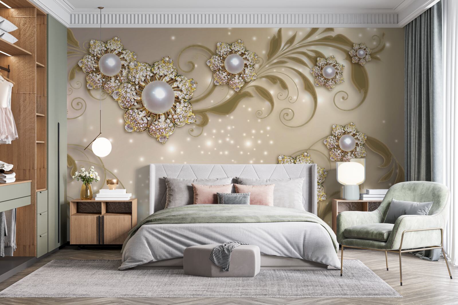 Fototapeta biżuteria z kwiatów i pereł, wykonana w tonacji złota