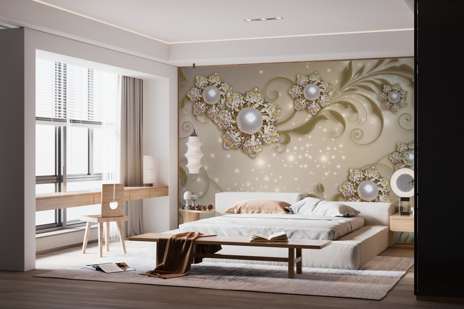 Fototapeta biżuteria z kwiatów i pereł, wykonana w tonacji złota