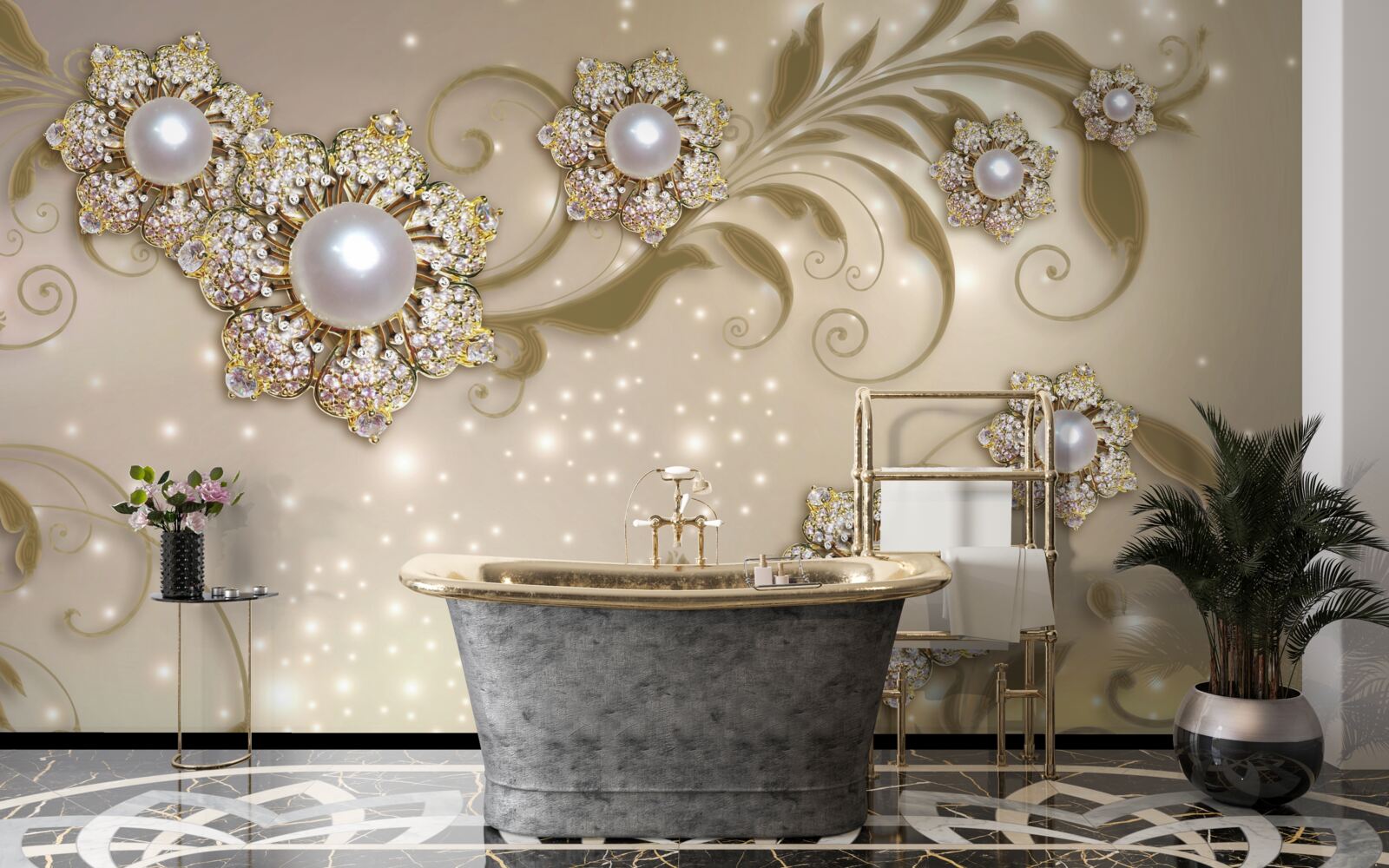 Fototapeta biżuteria z kwiatów i pereł, wykonana w tonacji złota