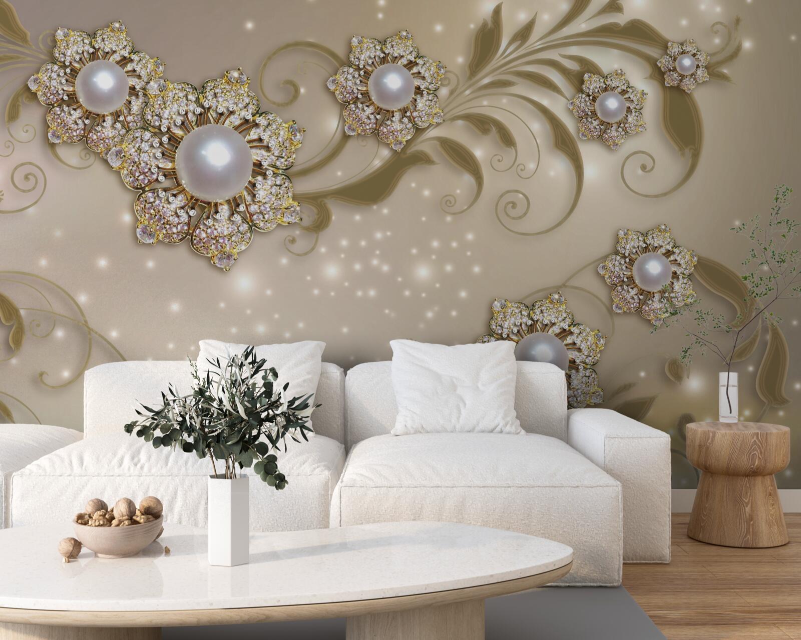 Fototapeta biżuteria z kwiatów i pereł, wykonana w tonacji złota
