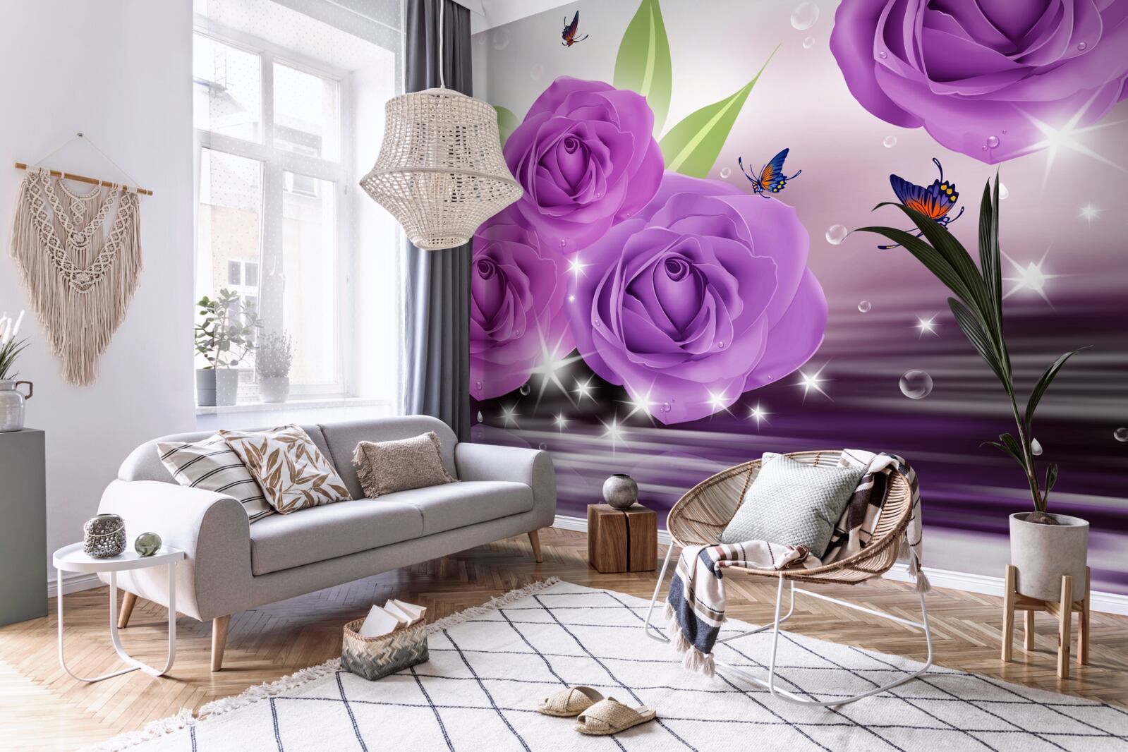 Fototapeta motyle i róże mają kolor ciemnofioletowego bzu