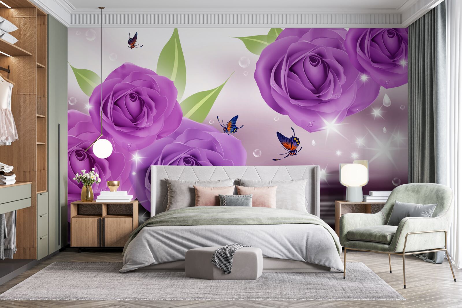 Fototapeta motyle i róże mają kolor ciemnofioletowego bzu