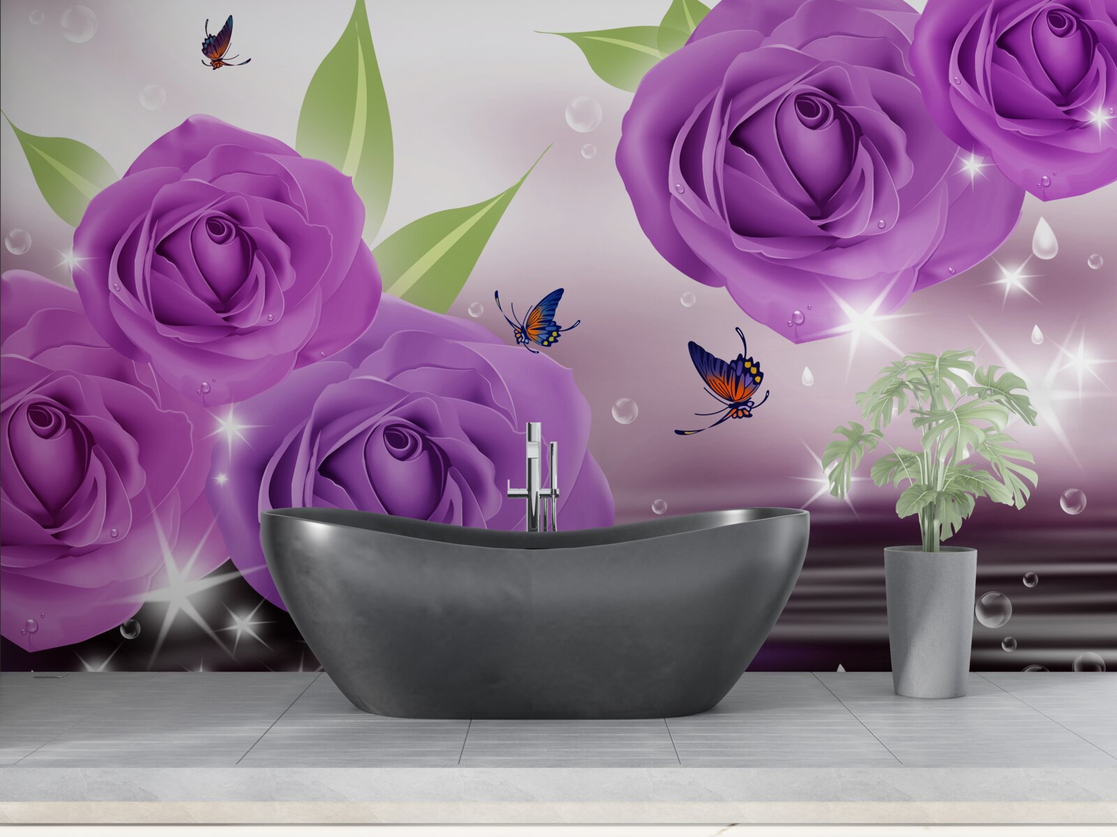 Fototapeta motyle i róże mają kolor ciemnofioletowego bzu