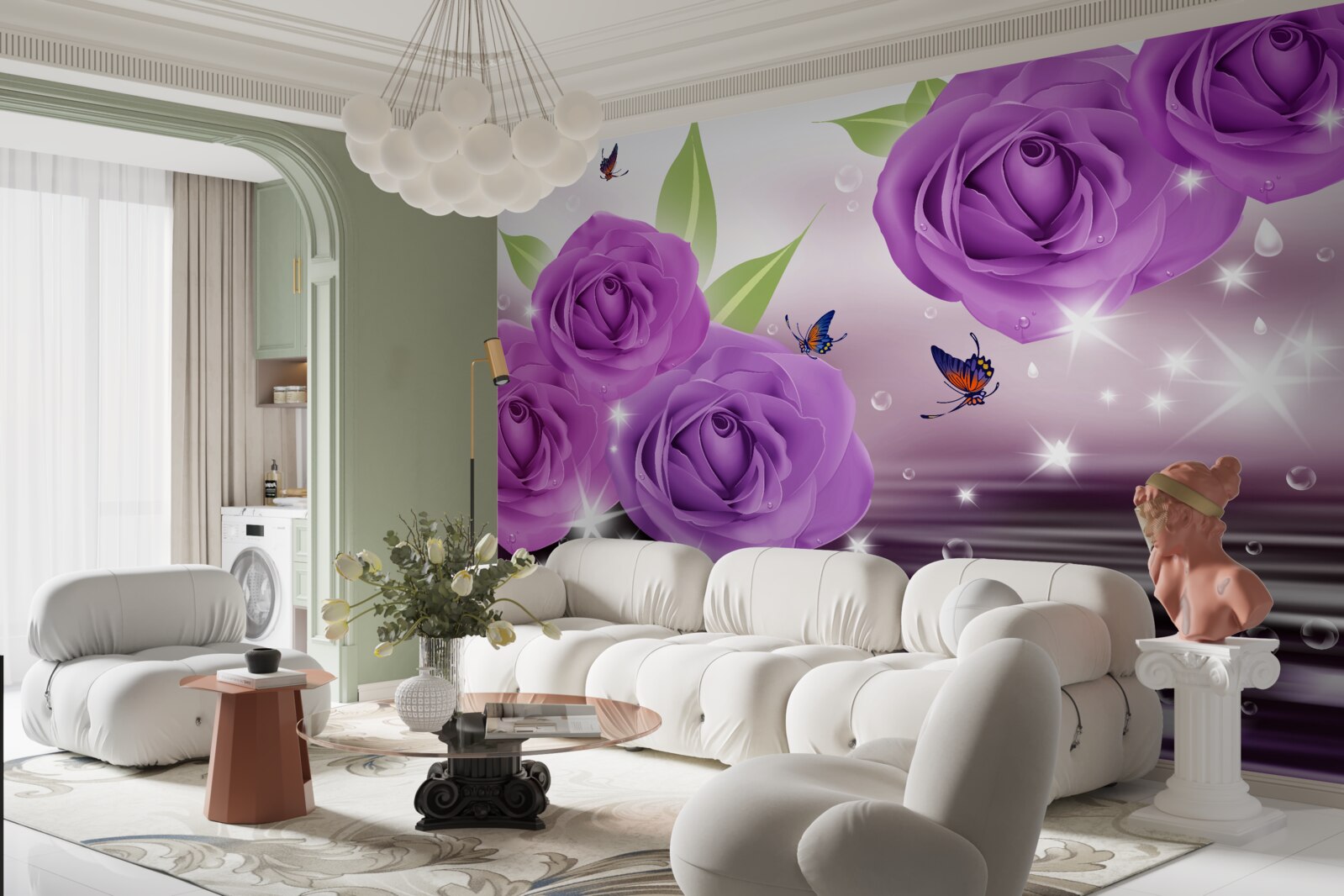 Fototapeta motyle i róże mają kolor ciemnofioletowego bzu