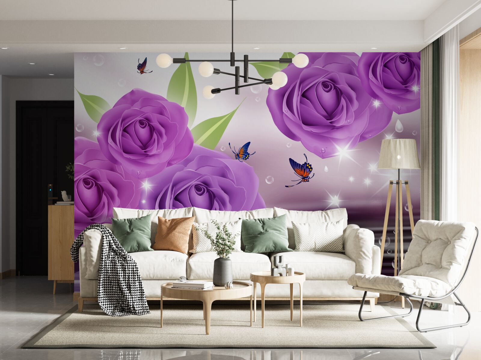 Fototapeta motyle i róże mają kolor ciemnofioletowego bzu