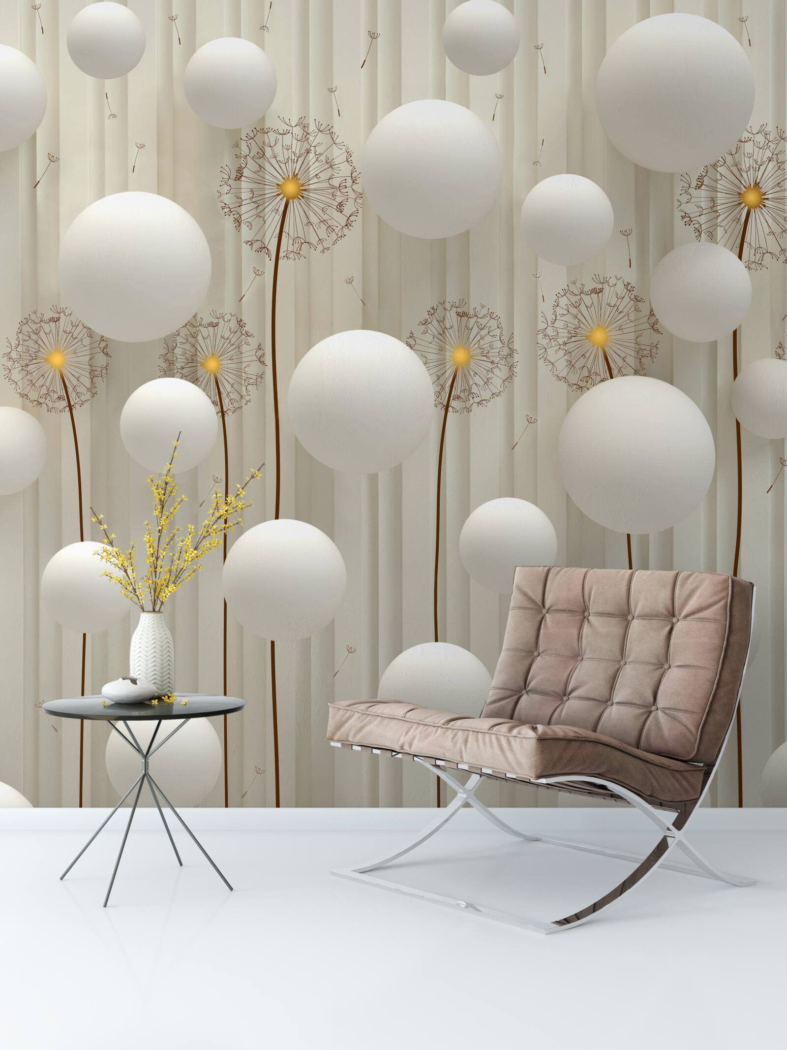 Fototapeta mniszek lekarski i białe kulki latające w niebo