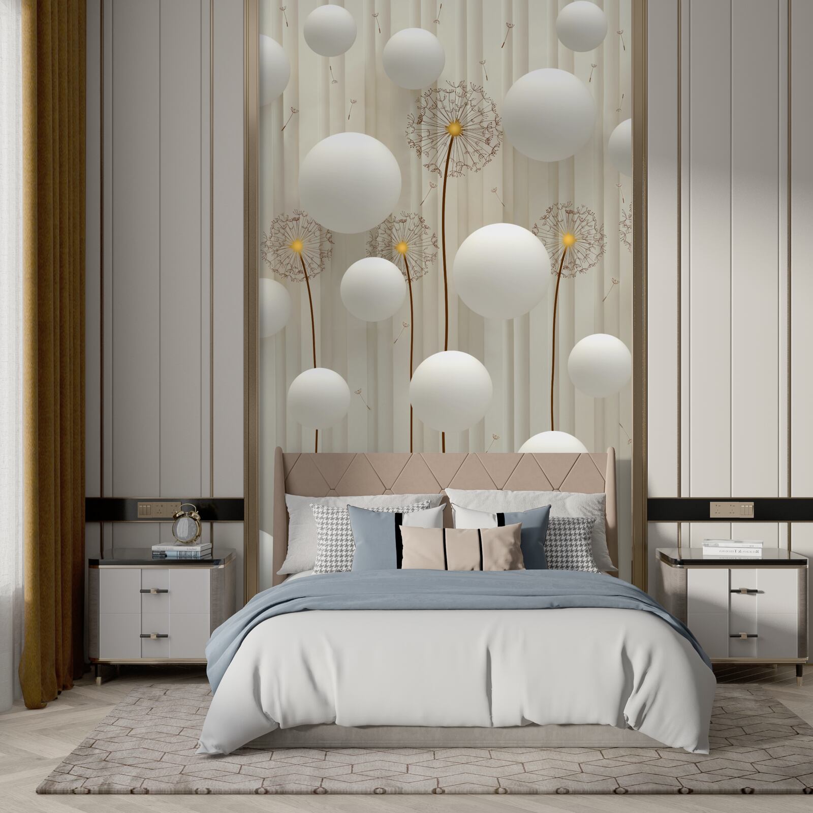 Fototapeta mniszek lekarski i białe kulki latające w niebo