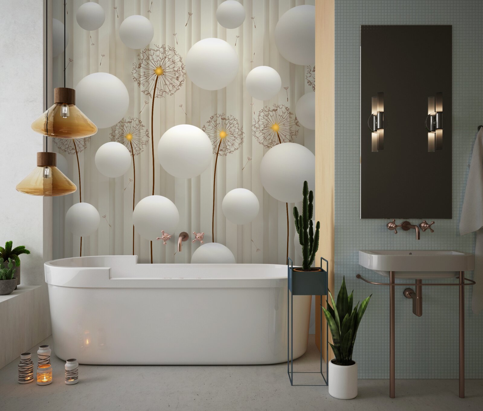 Fototapeta mniszek lekarski i białe kulki latające w niebo