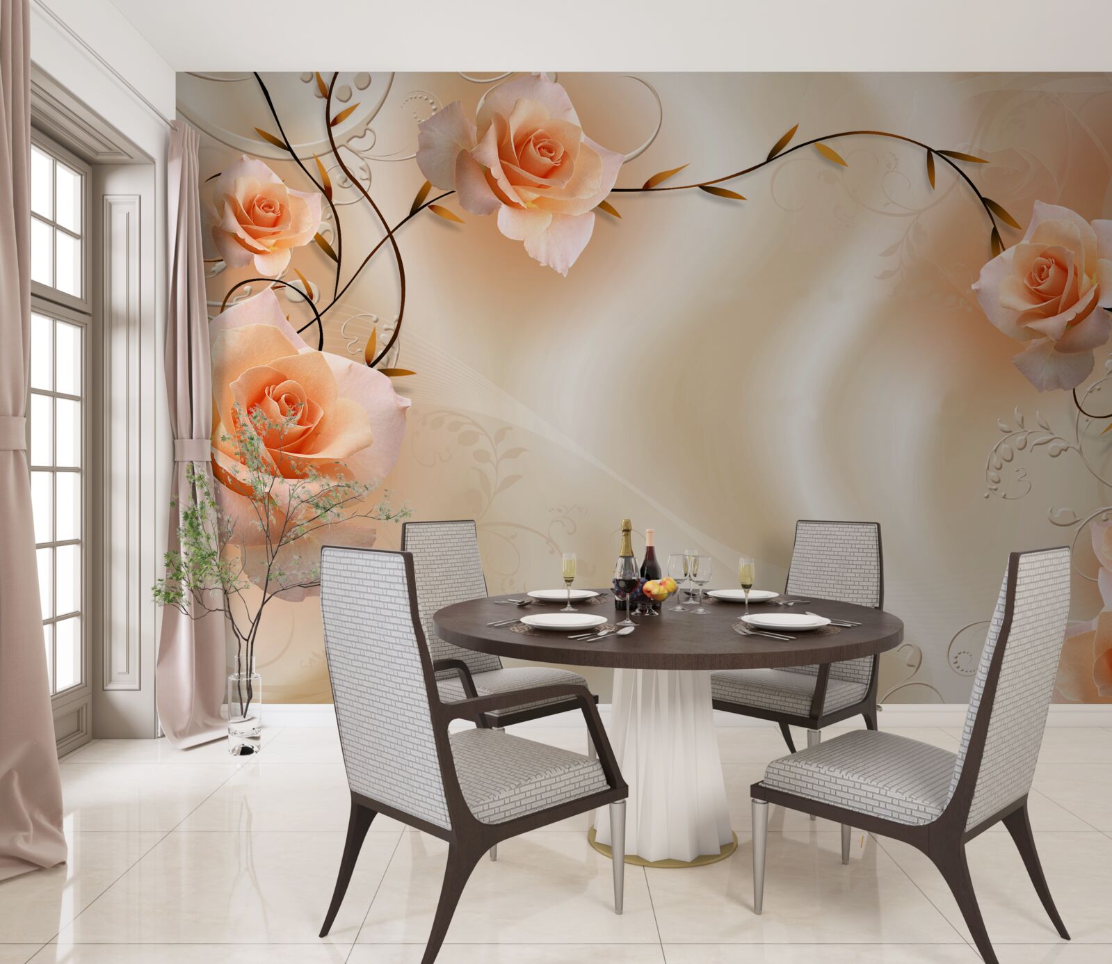 Fototapeta róża w kolorze brzoskwiniowym na gałęziach i jedwabiu