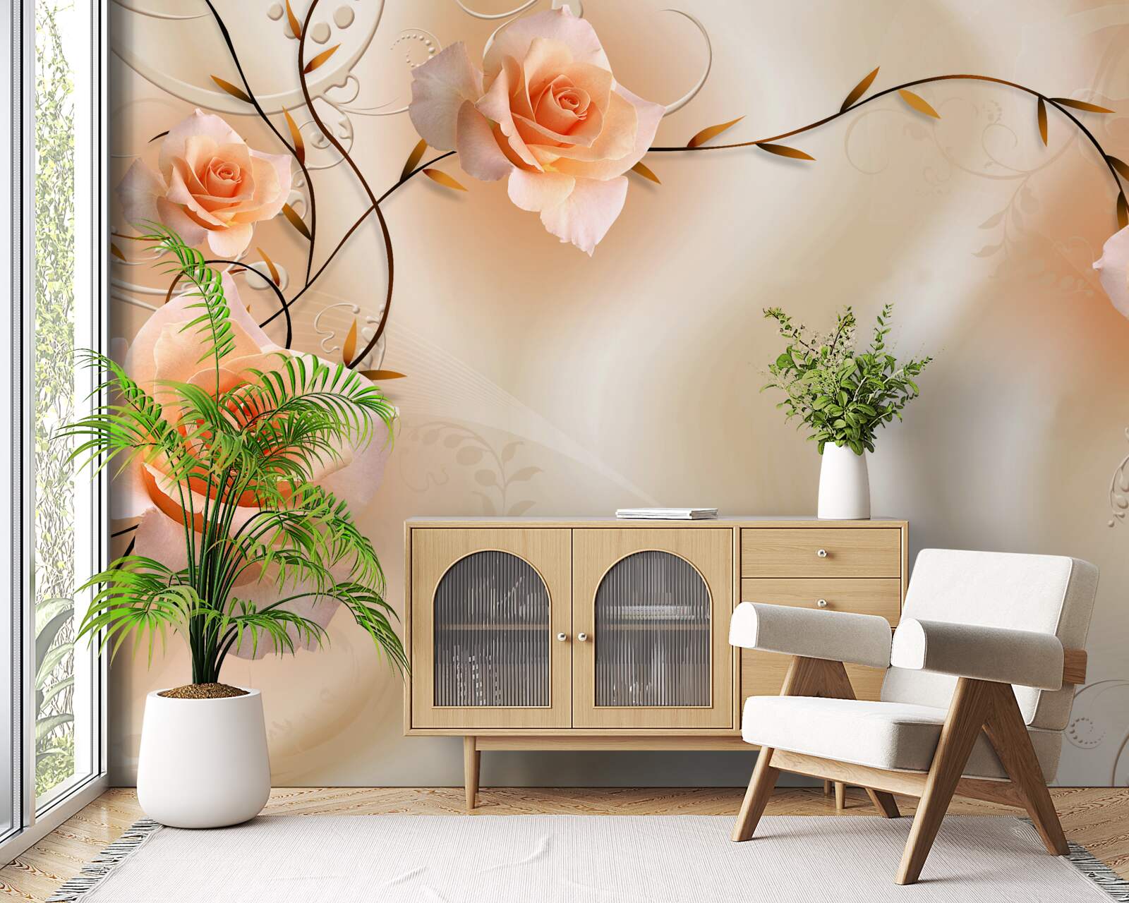 Fototapeta róża w kolorze brzoskwiniowym na gałęziach i jedwabiu