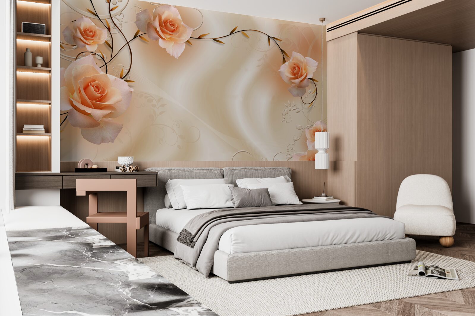 Fototapeta róża w kolorze brzoskwiniowym na gałęziach i jedwabiu