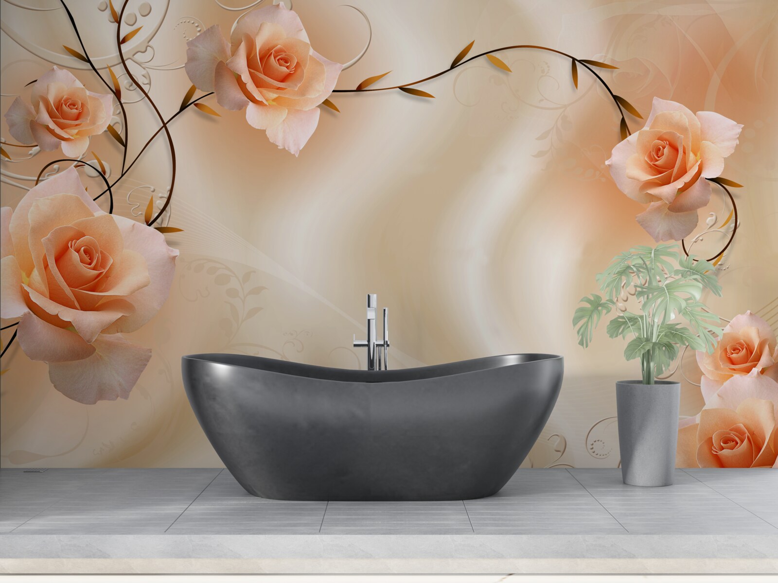 Fototapeta róża w kolorze brzoskwiniowym na gałęziach i jedwabiu