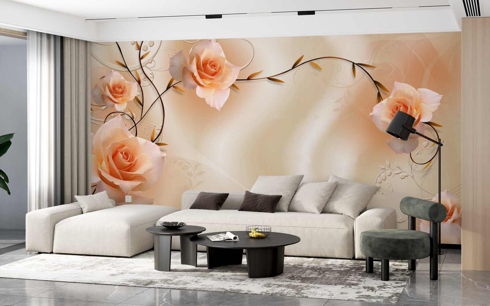 Fototapeta róża w kolorze brzoskwiniowym na gałęziach i jedwabiu