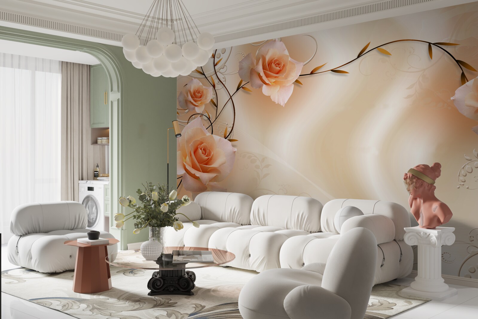 Fototapeta róża w kolorze brzoskwiniowym na gałęziach i jedwabiu