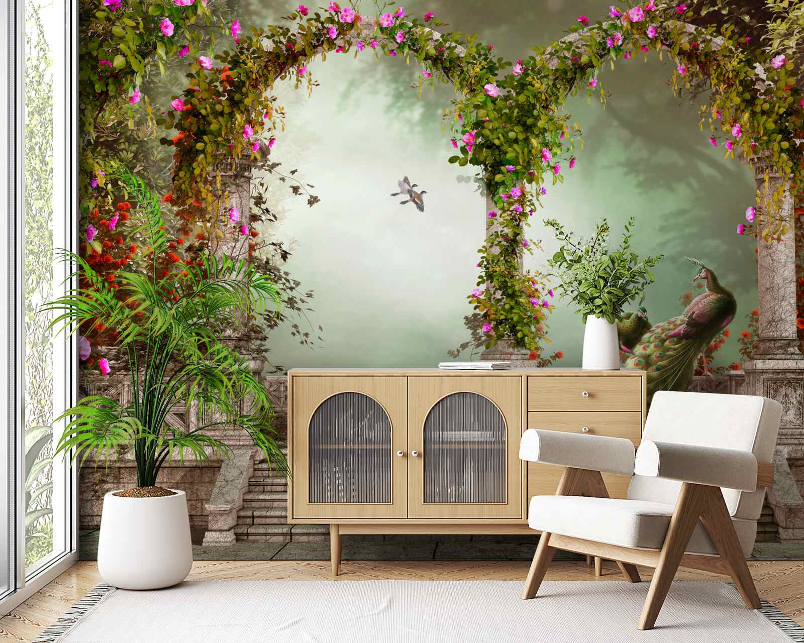 Fototapeta paw w zielonych łukach pokrytych liśćmi