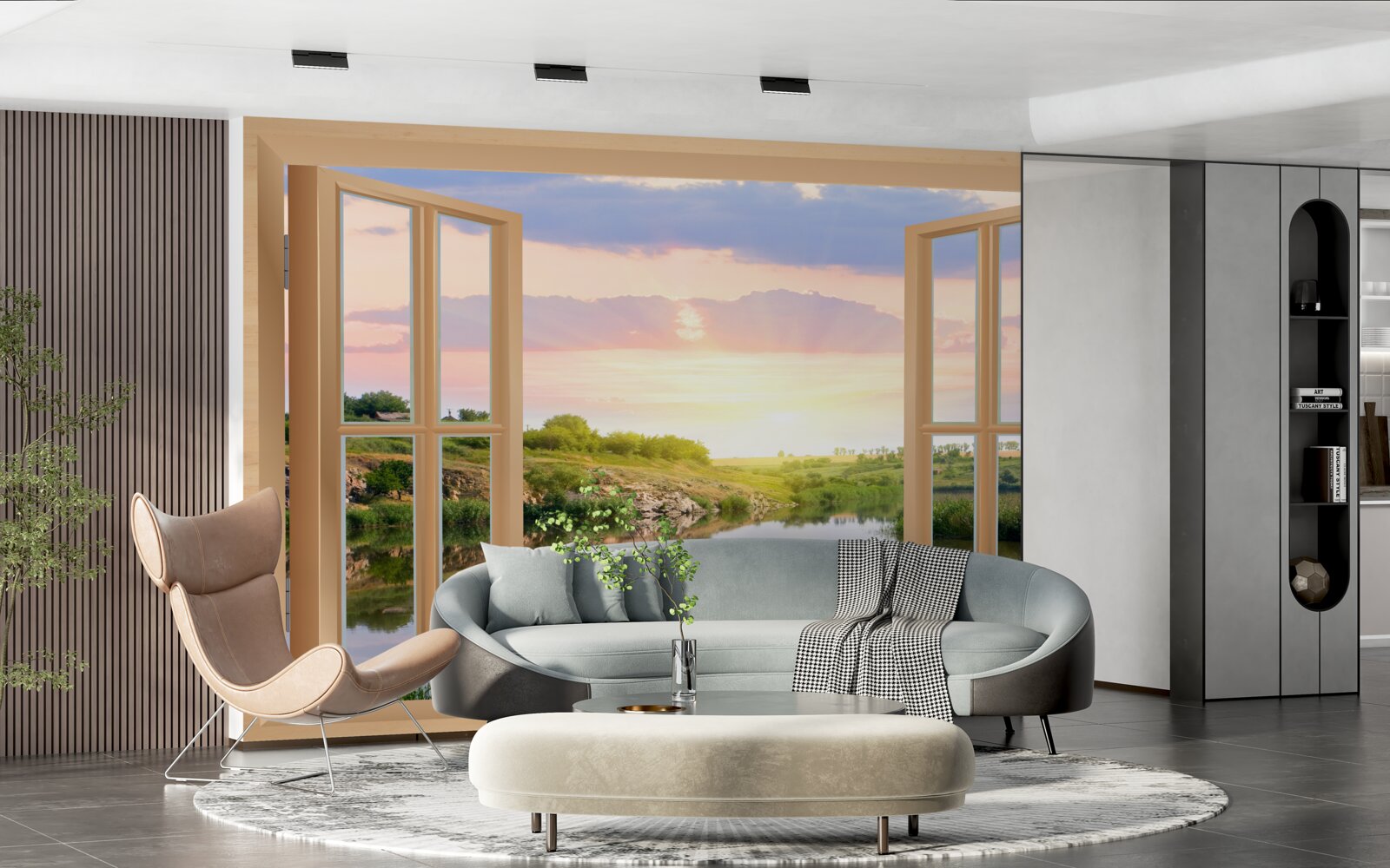 Fototapeta widok z okna na spokojną wodę i zielone łąki