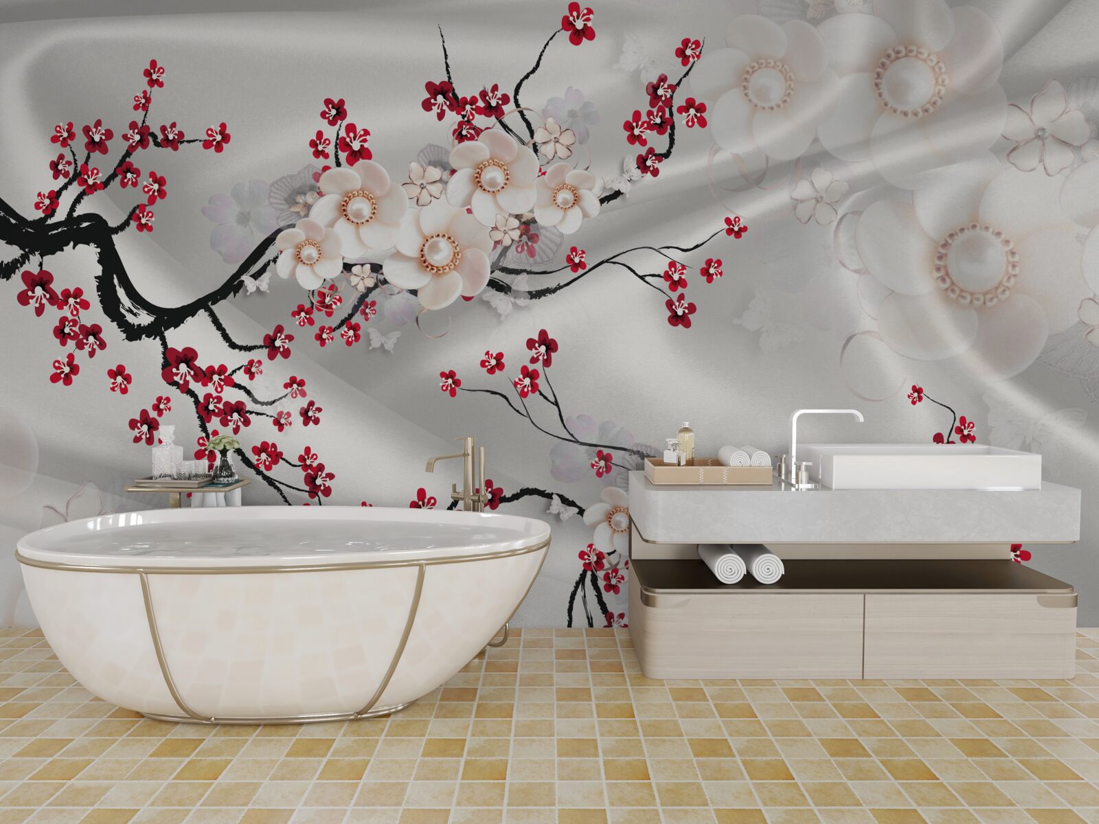 Fototapeta kwiaty kwitły na gałęziach czerwonej sakury