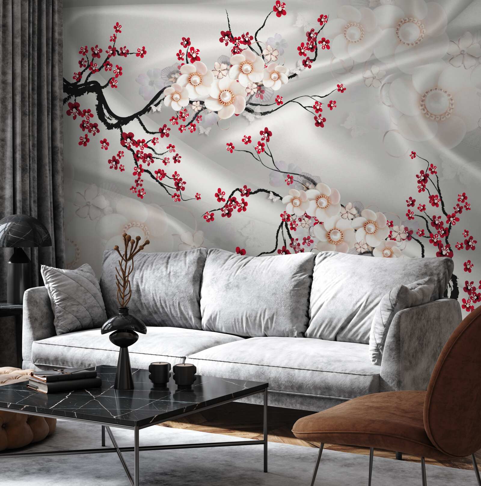 Fototapeta kwiaty kwitły na gałęziach czerwonej sakury