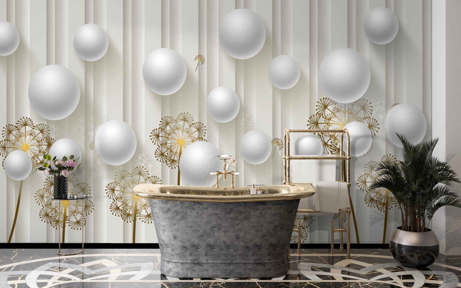 Fototapeta złote pąki i białe perły unoszą się w powietrzu