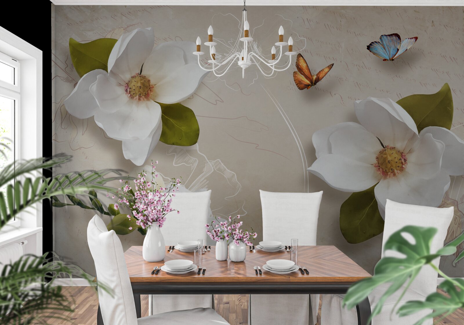 Fototapeta letnie lotosy są białe i ozdobione motylami