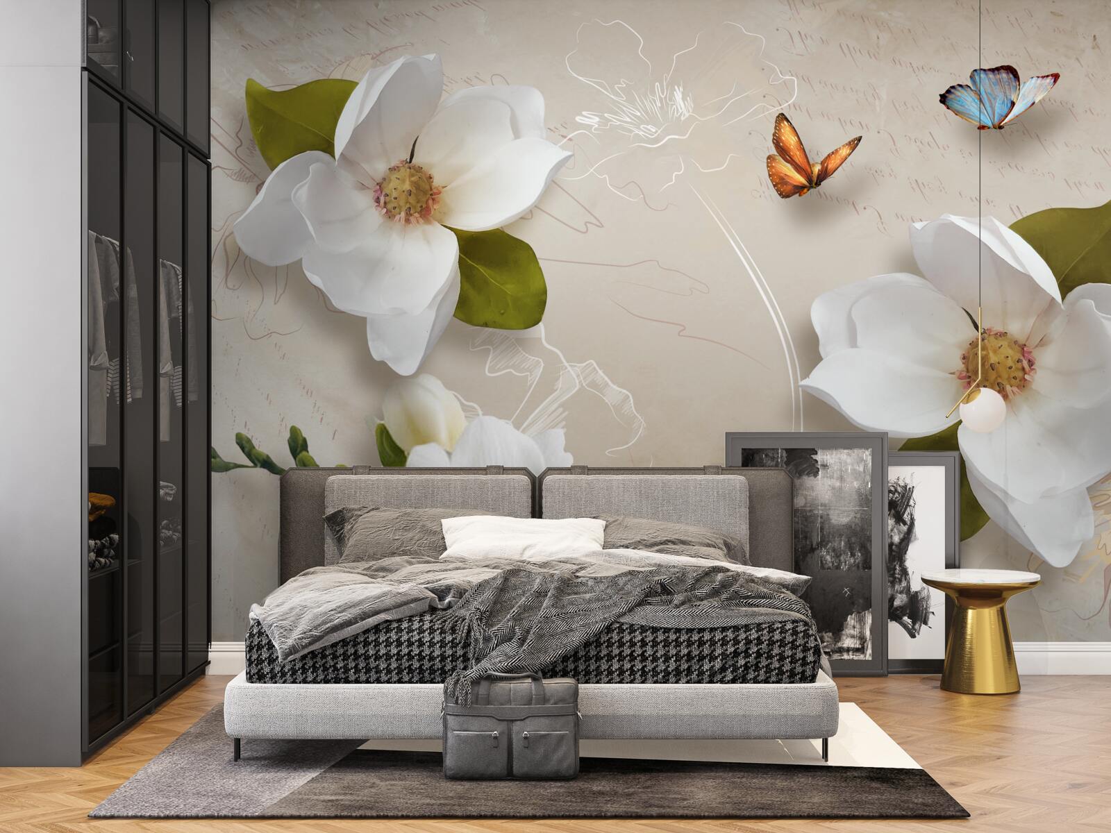 Fototapeta letnie lotosy są białe i ozdobione motylami