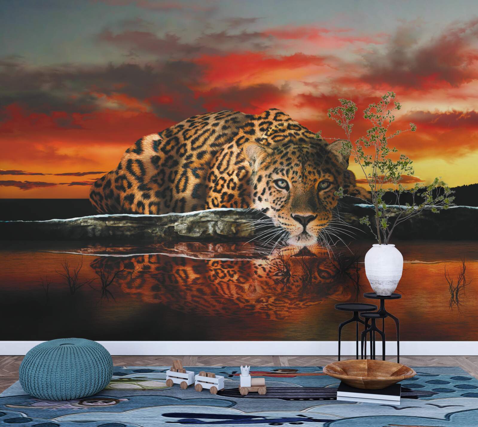 Fototapeta odbicie lamparta na tle zachodu słońca