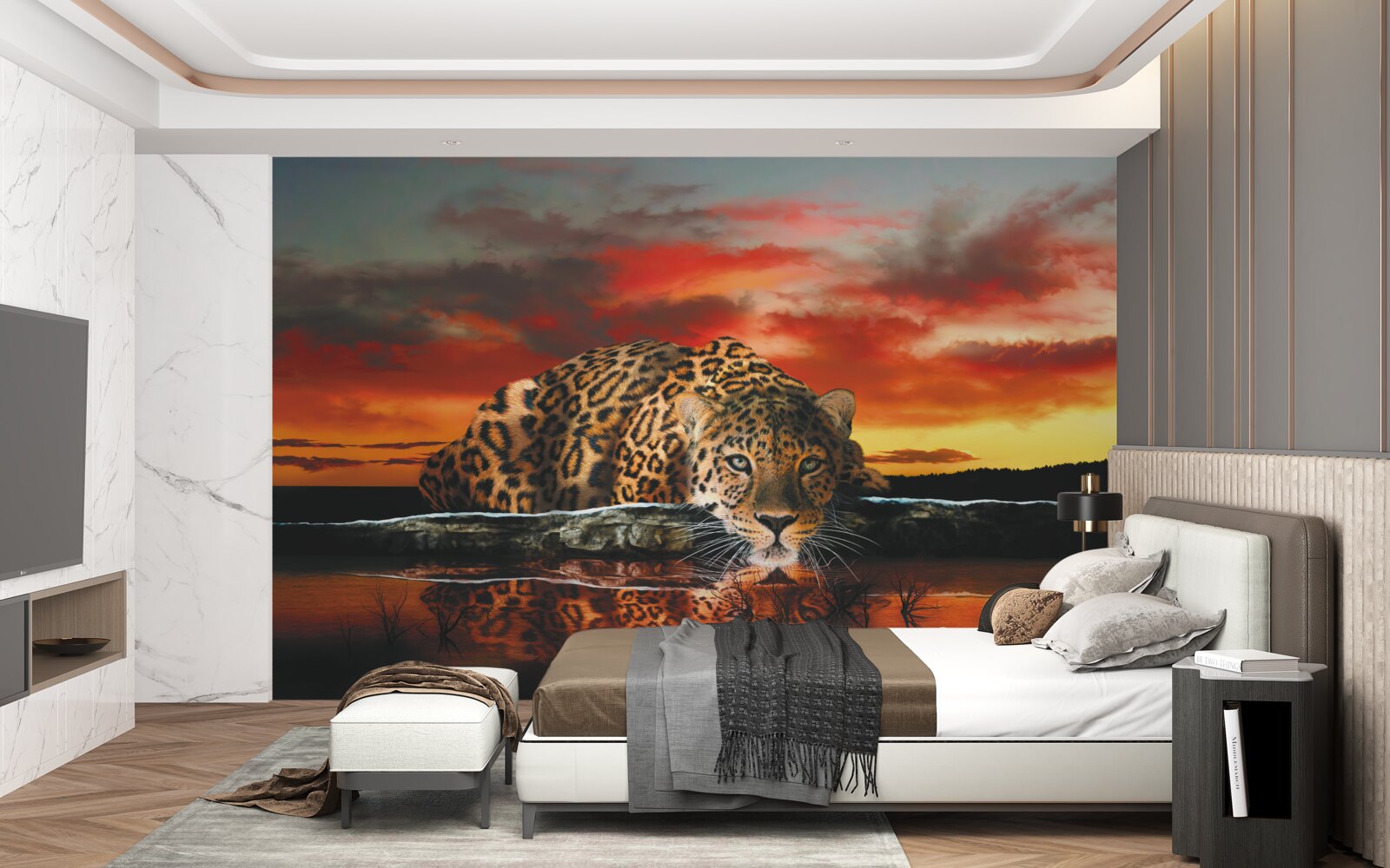 Fototapeta odbicie lamparta na tle zachodu słońca