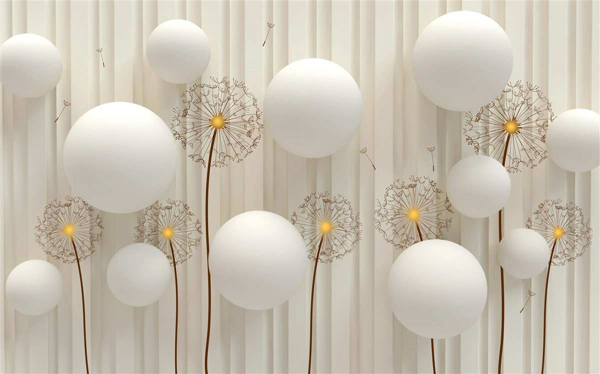 Fototapeta kompozycja z białymi mleczami, ozdobiona kulkami