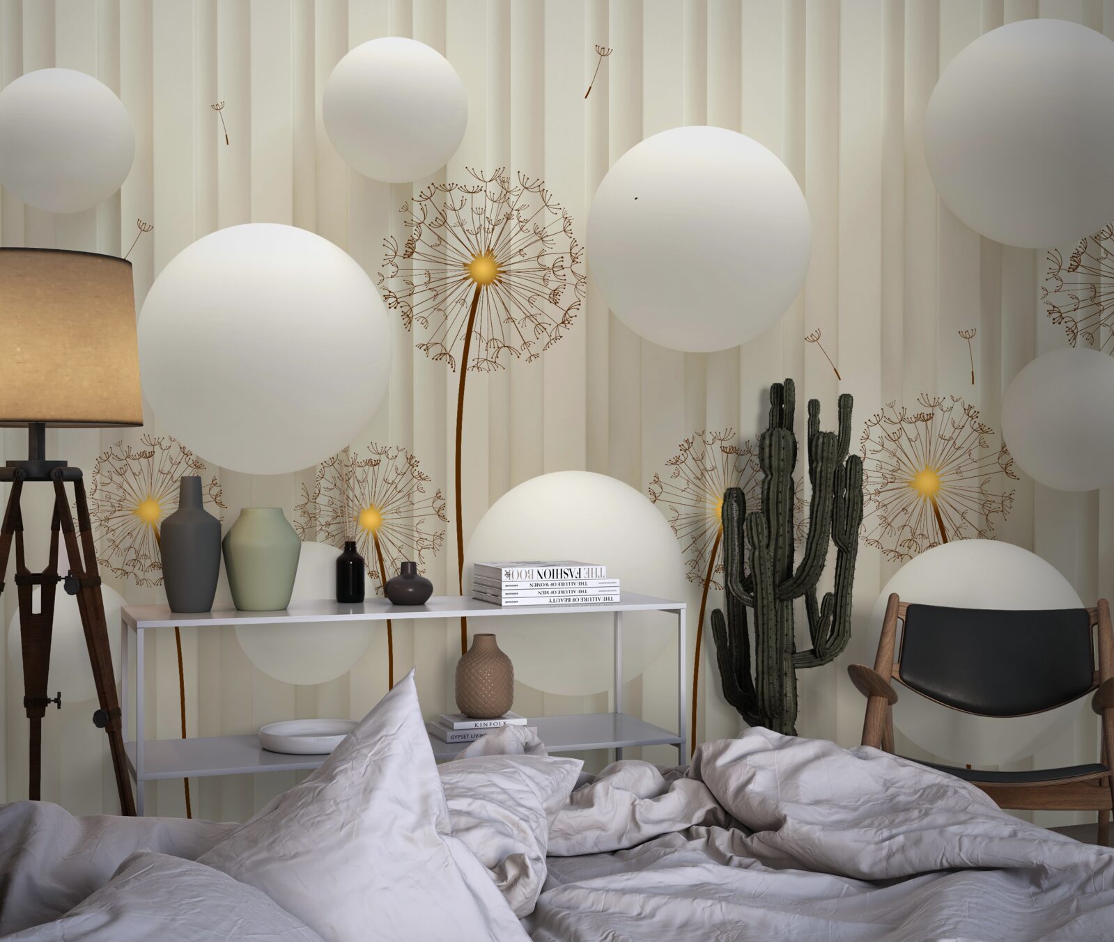 Fototapeta kompozycja z białymi mleczami, ozdobiona kulkami