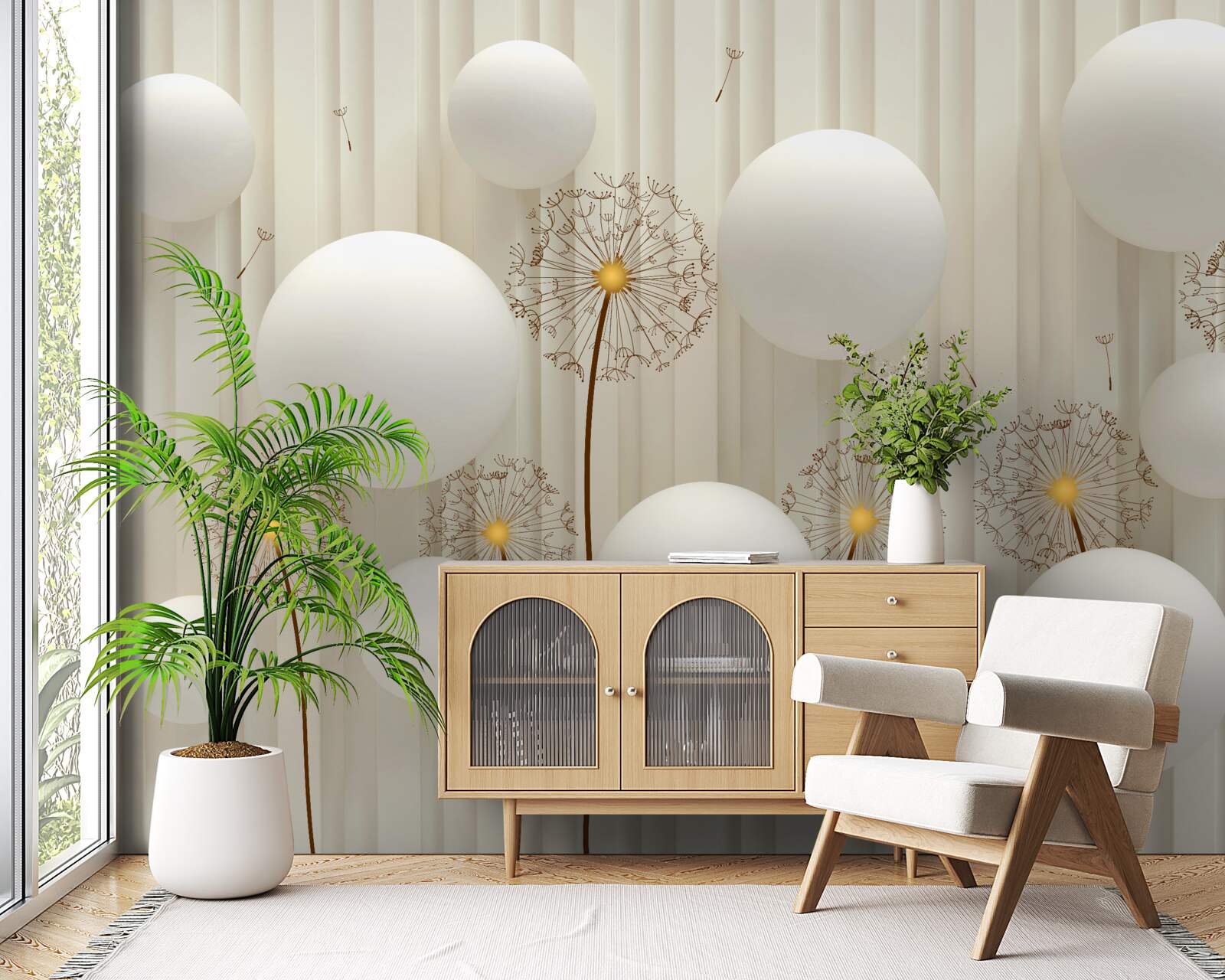 Fototapeta kompozycja z białymi mleczami, ozdobiona kulkami