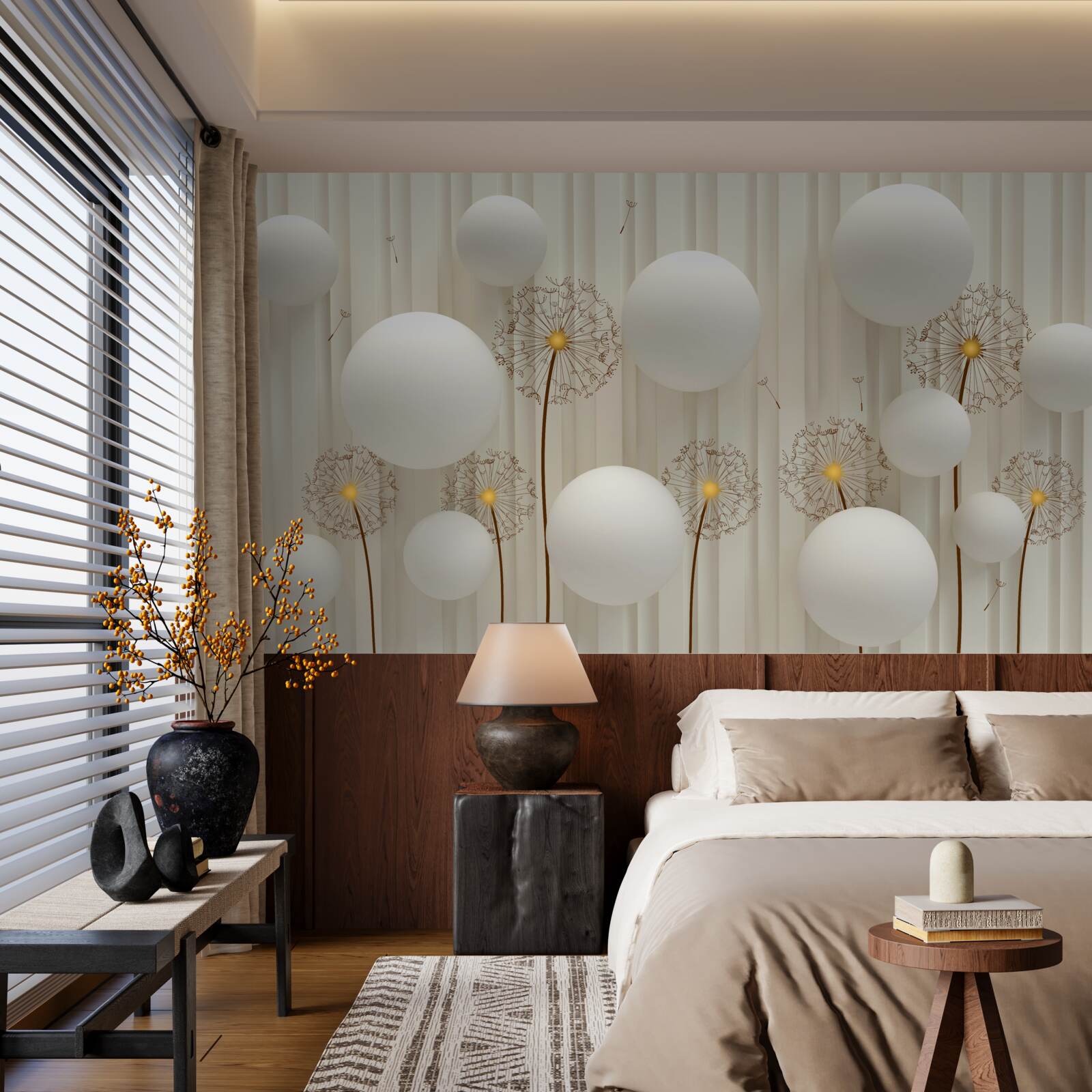 Fototapeta kompozycja z białymi mleczami, ozdobiona kulkami