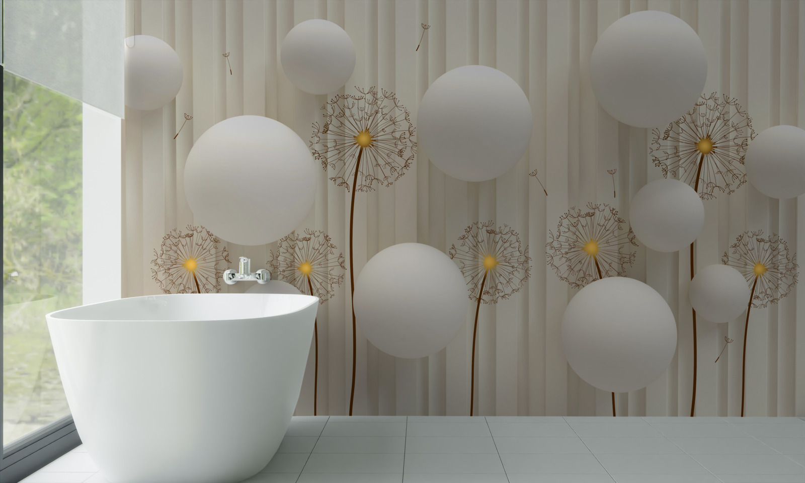 Fototapeta kompozycja z białymi mleczami, ozdobiona kulkami