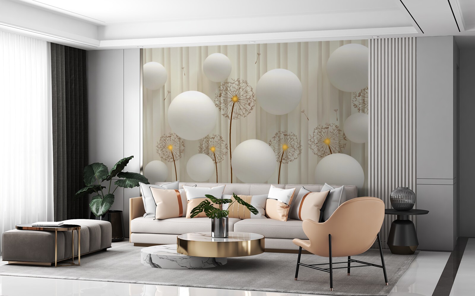 Fototapeta kompozycja z białymi mleczami, ozdobiona kulkami