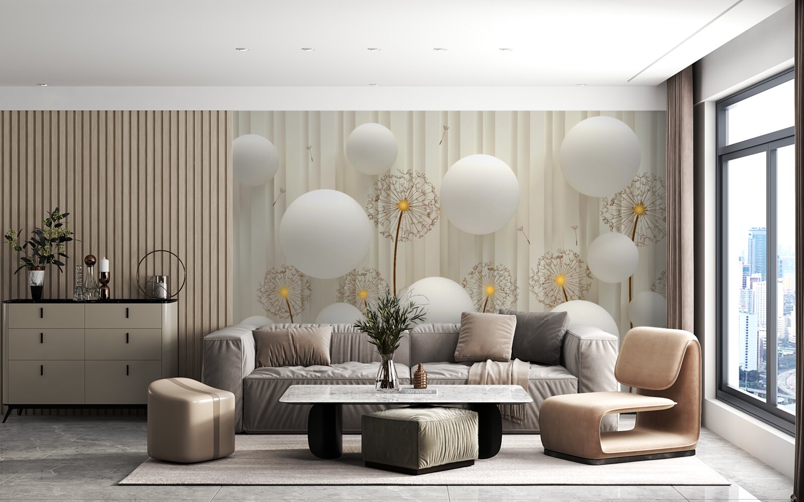 Fototapeta kompozycja z białymi mleczami, ozdobiona kulkami