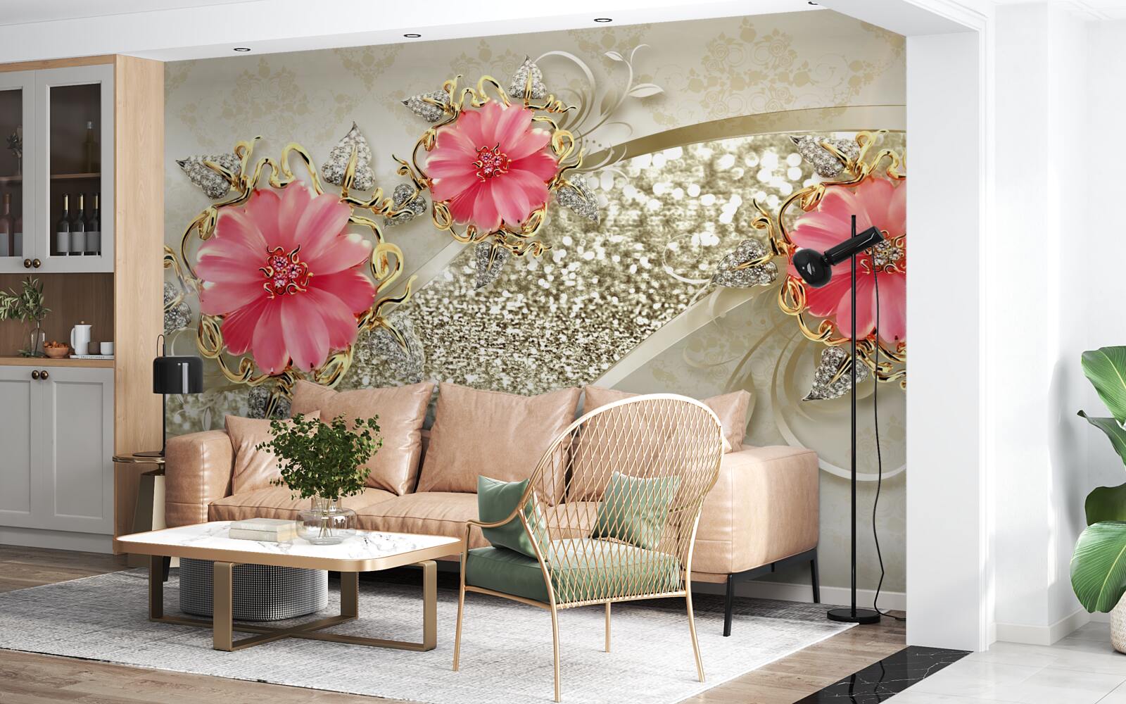 Fototapeta pąki gerbery o czerwonym odcieniu na złotych gałęziach