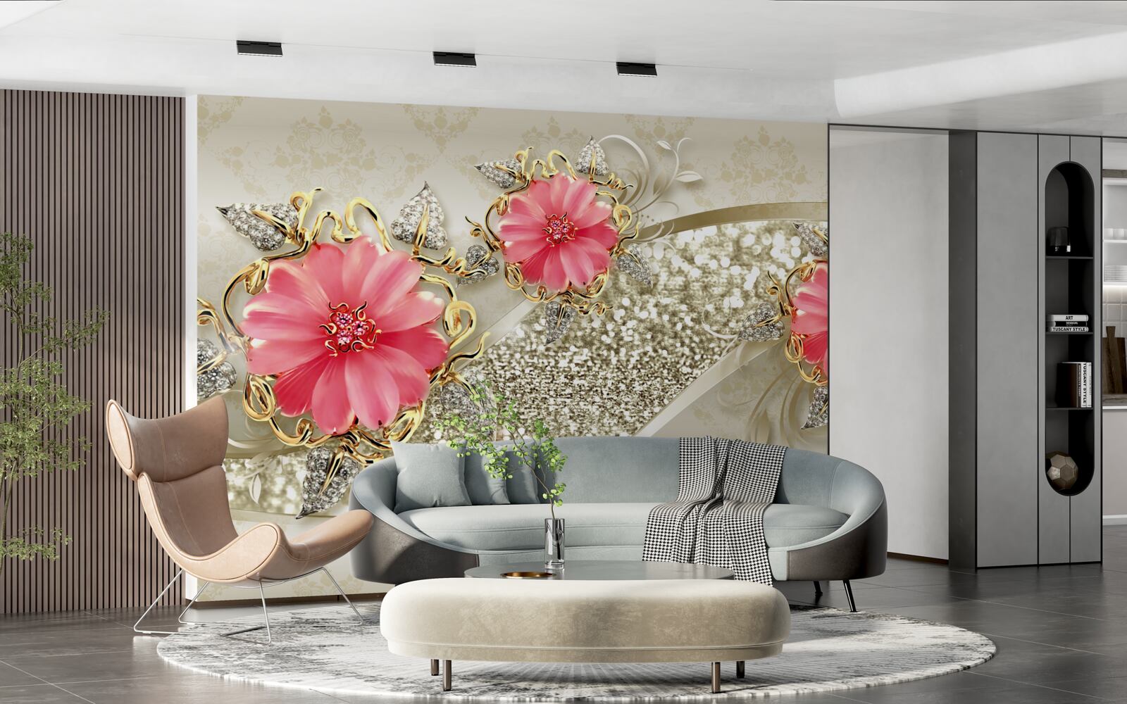 Fototapeta pąki gerbery o czerwonym odcieniu na złotych gałęziach