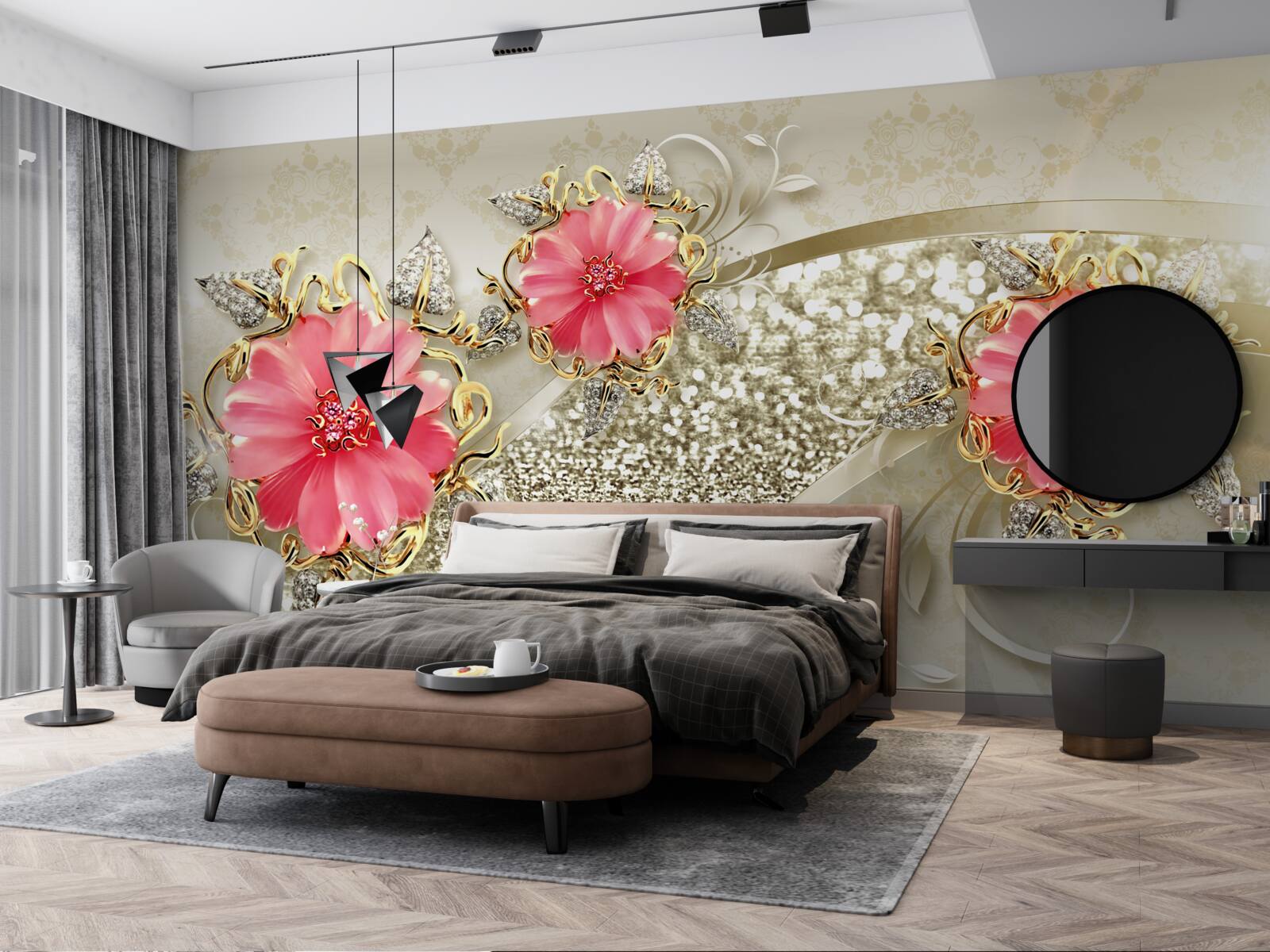 Fototapeta pąki gerbery o czerwonym odcieniu na złotych gałęziach