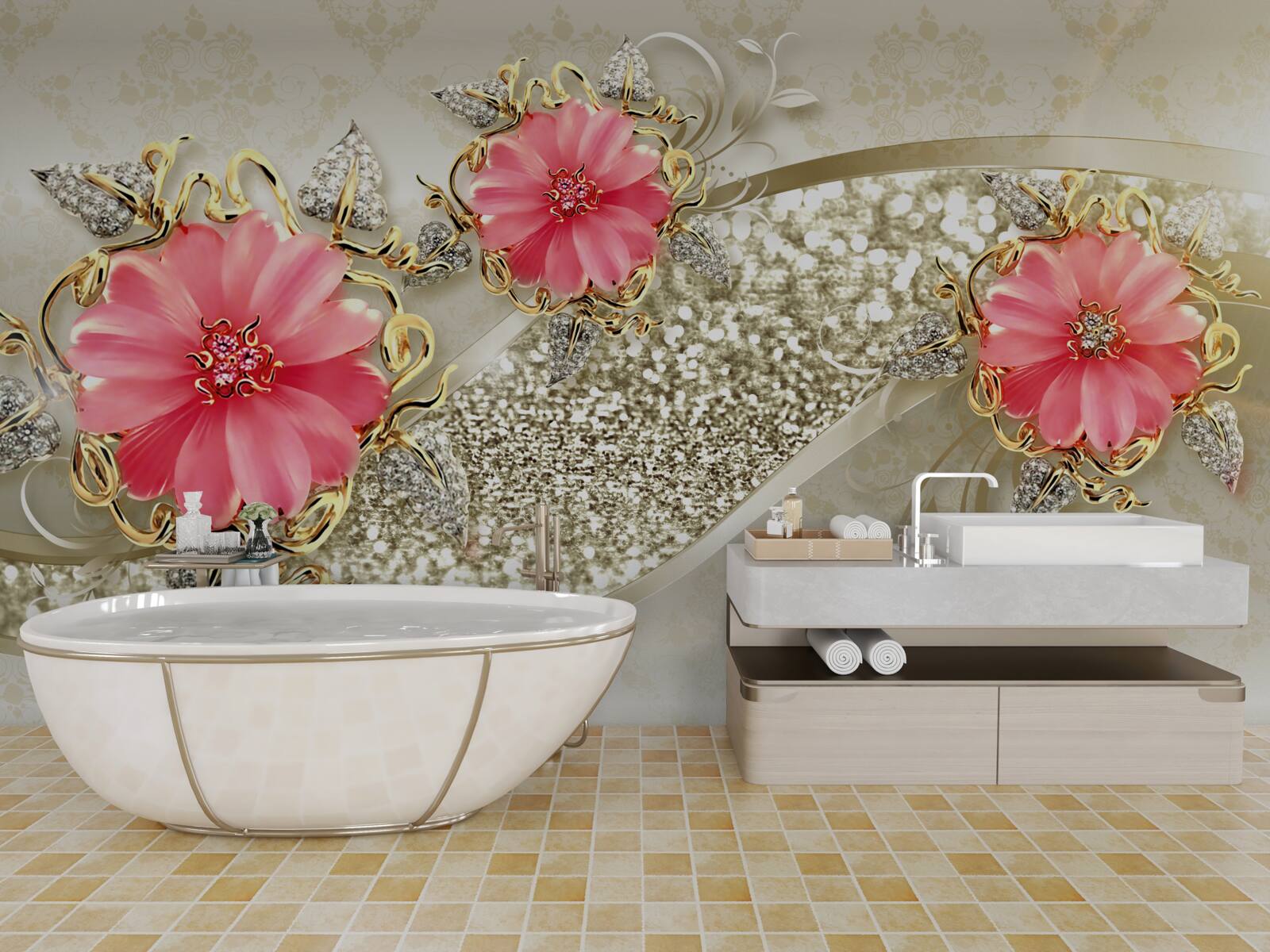 Fototapeta pąki gerbery o czerwonym odcieniu na złotych gałęziach